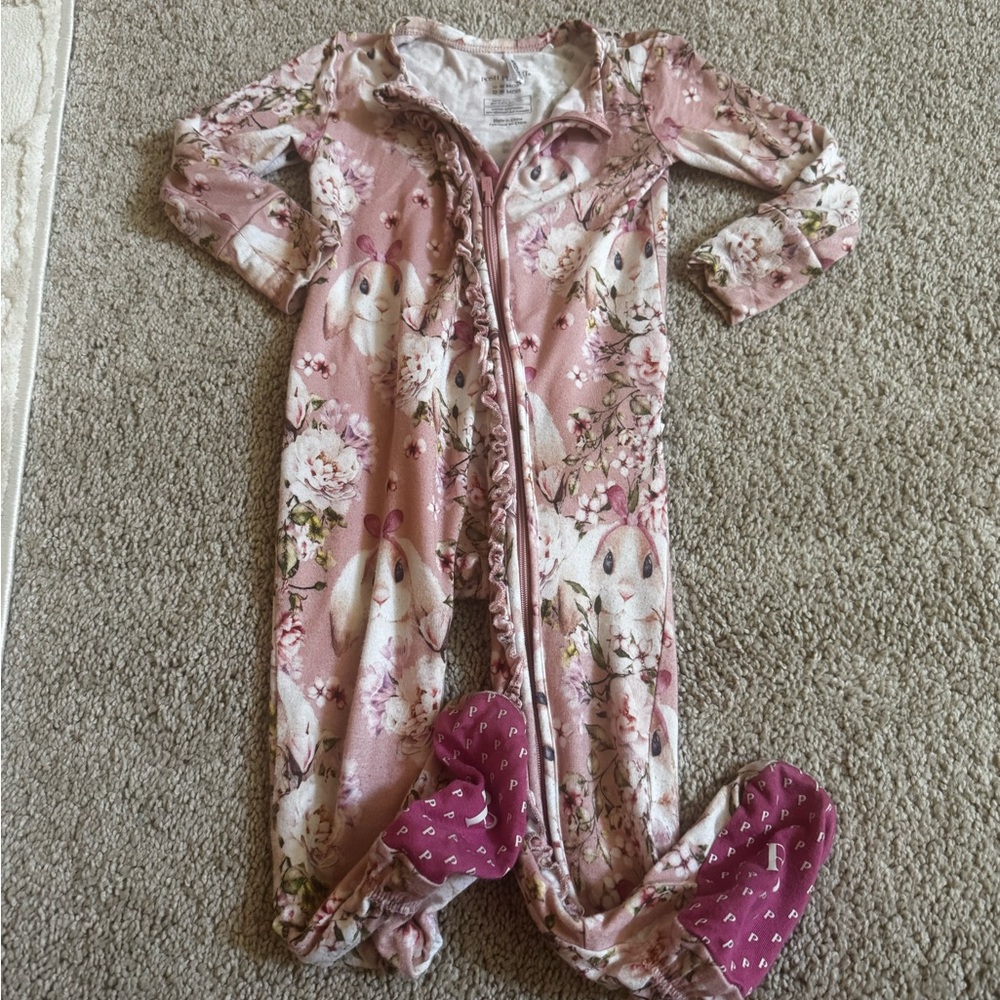 Posh Peanut 12-18 Months Pink Floral Bunny Print Kids One-Piece Pajama Footies - Picture 2 of 6